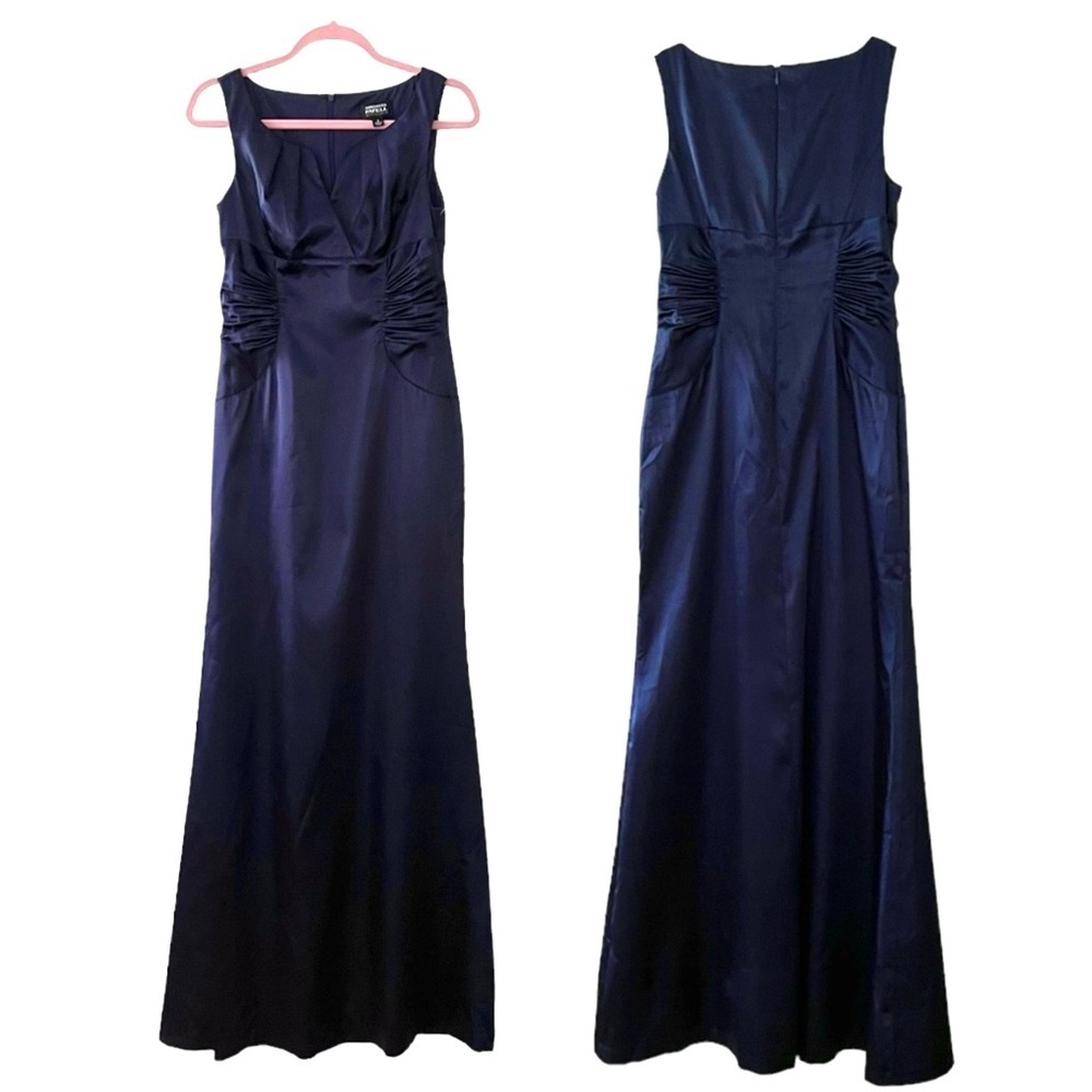 Adrianna Papel Navy Satin Ruched Sleeveless Full Length Evening Dress Size 6